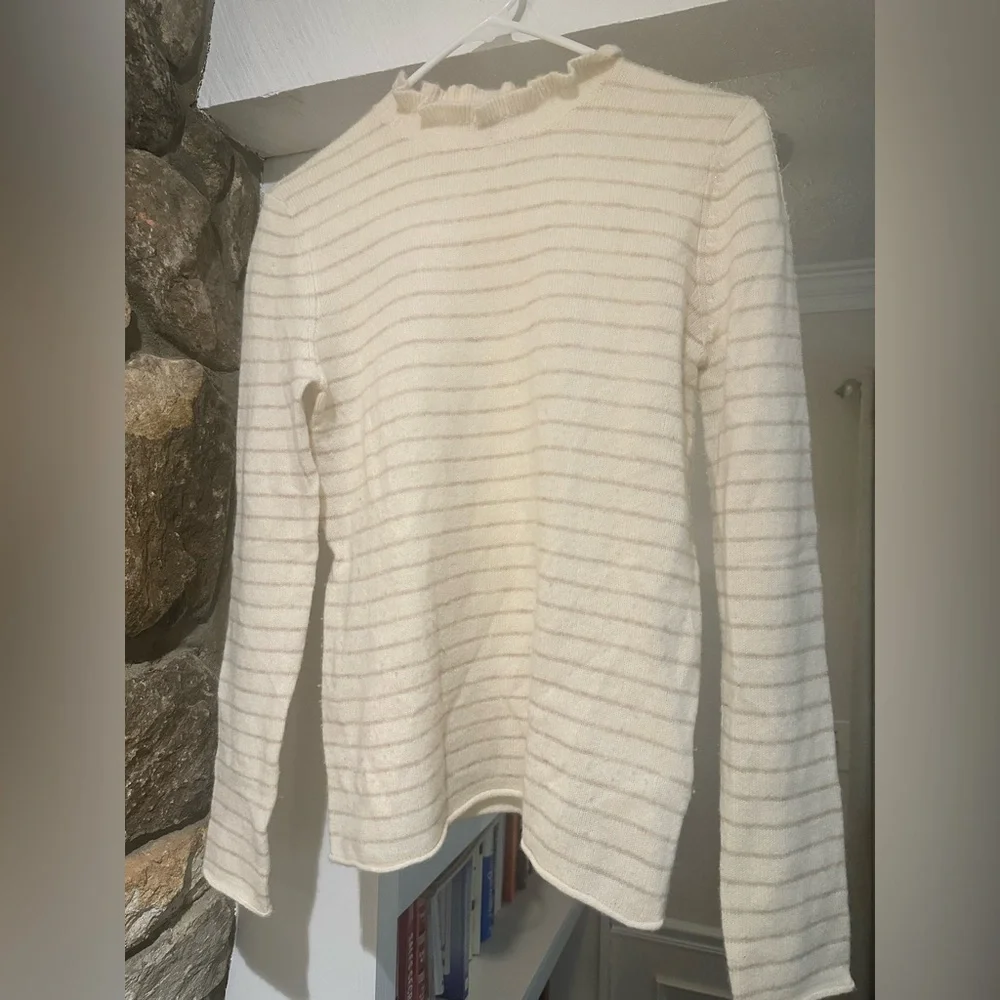 100% Cashmere Lilla P $198 Luxury  Knit - Striped Cream - Size Small